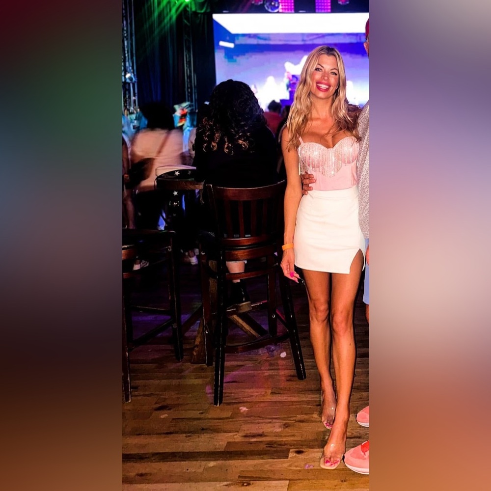 Pink Beaded Fringe Bustier Top with White Mini Skirt